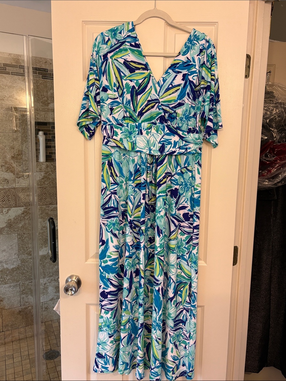 Pappagallo Blue Teal Abstract Brushstroke Maxi Dress